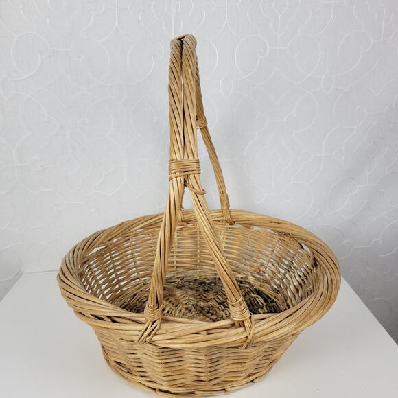 Vintage Wicker Basket Tan Natural Woven Rattan Round Handle Farmhouse Decor - Picture 5 of 16
